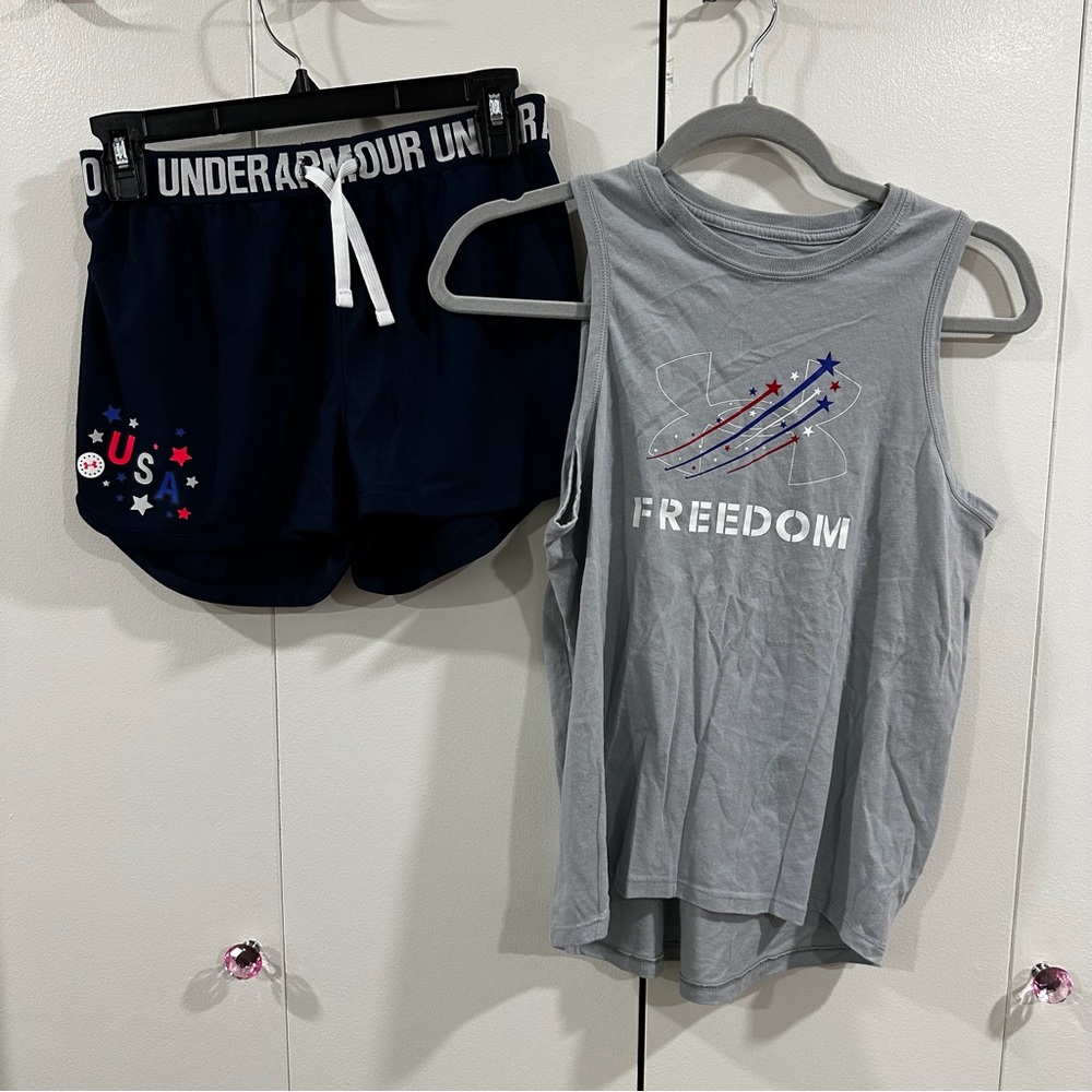 Under Armour. Gray Freedom Tank and Navy USA Shorts.